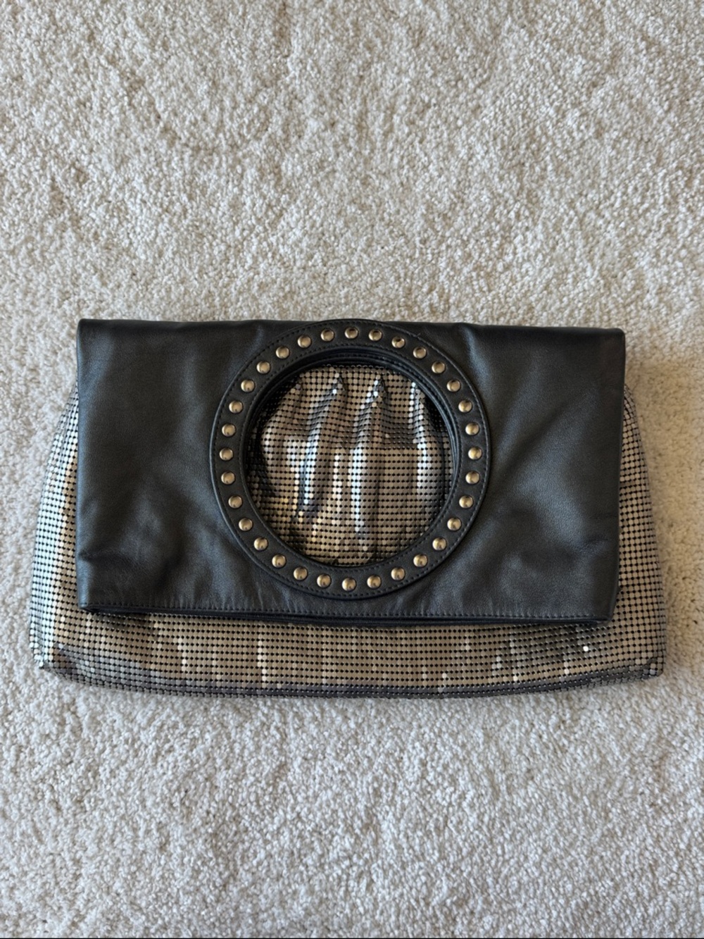 Whiting & Davis Black Stud-Trim Clutch Bag with Metallic Mesh
